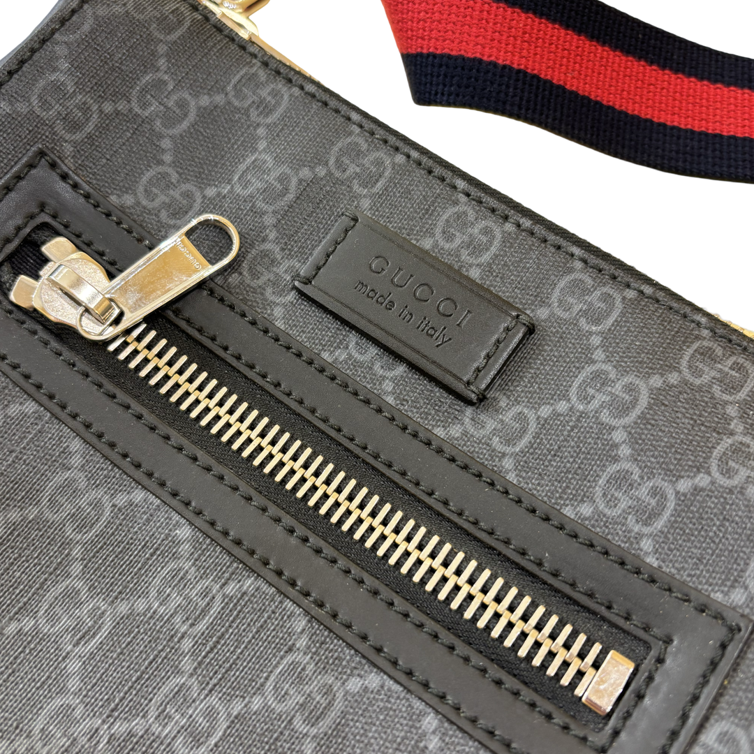 Gucci Web Strap Front Zip Messenger Printed GG Coated Canvas, Gray, Canvas, Crossbody Bag