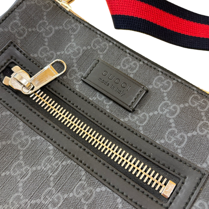 Gucci Web Strap Front Zip Messenger Printed GG Coated Canvas, Gray, Canvas, Crossbody Bag