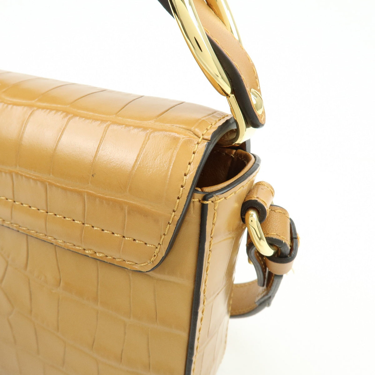 Chloe C Flap Crocodile Embossed Leather, Brown, Leather, Handbag