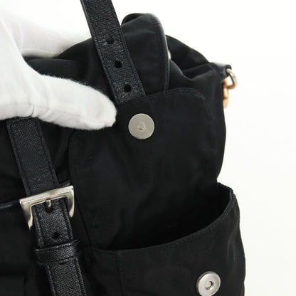 Prada Double Pocket Drawstring Tessuto, Black, Nylon, Shoulder Bag