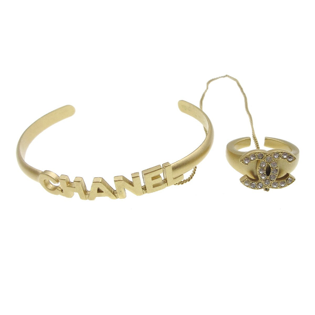 Chanel Logo Bangle with Chain Attached CC Metal with Crystal, Gold, Gold Plated, Bracelet