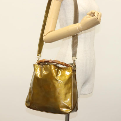 Gucci Vintage Bamboo Handle Open Hobo Leather, Gold, Patent Leather, Shoulder Bag