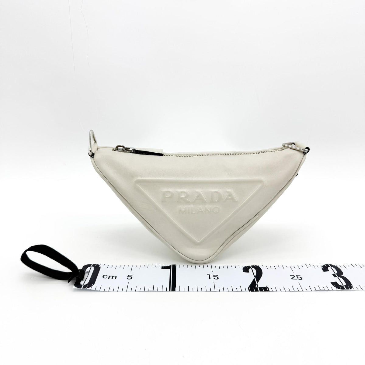 Prada Triangle Logo Zip Leather, White, Leather, Crossbody Bag