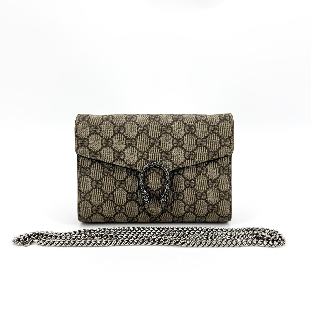 Gucci Dionysus Wristlet Clutch GG Coated Canvas with Leather, Brown, Canvas, Clutch