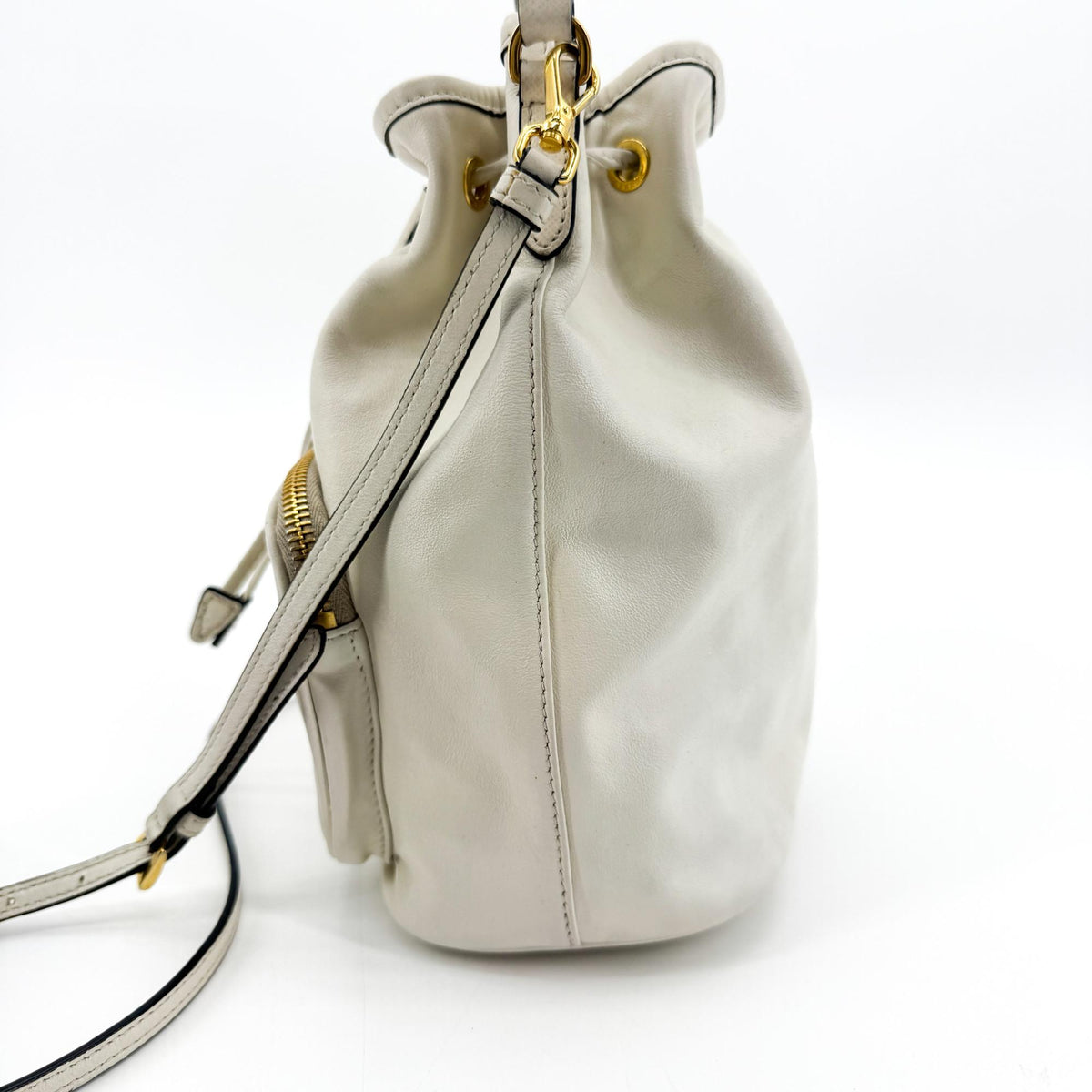 Prada Duet Drawstring Bucket Leather, White, Leather, Handbag