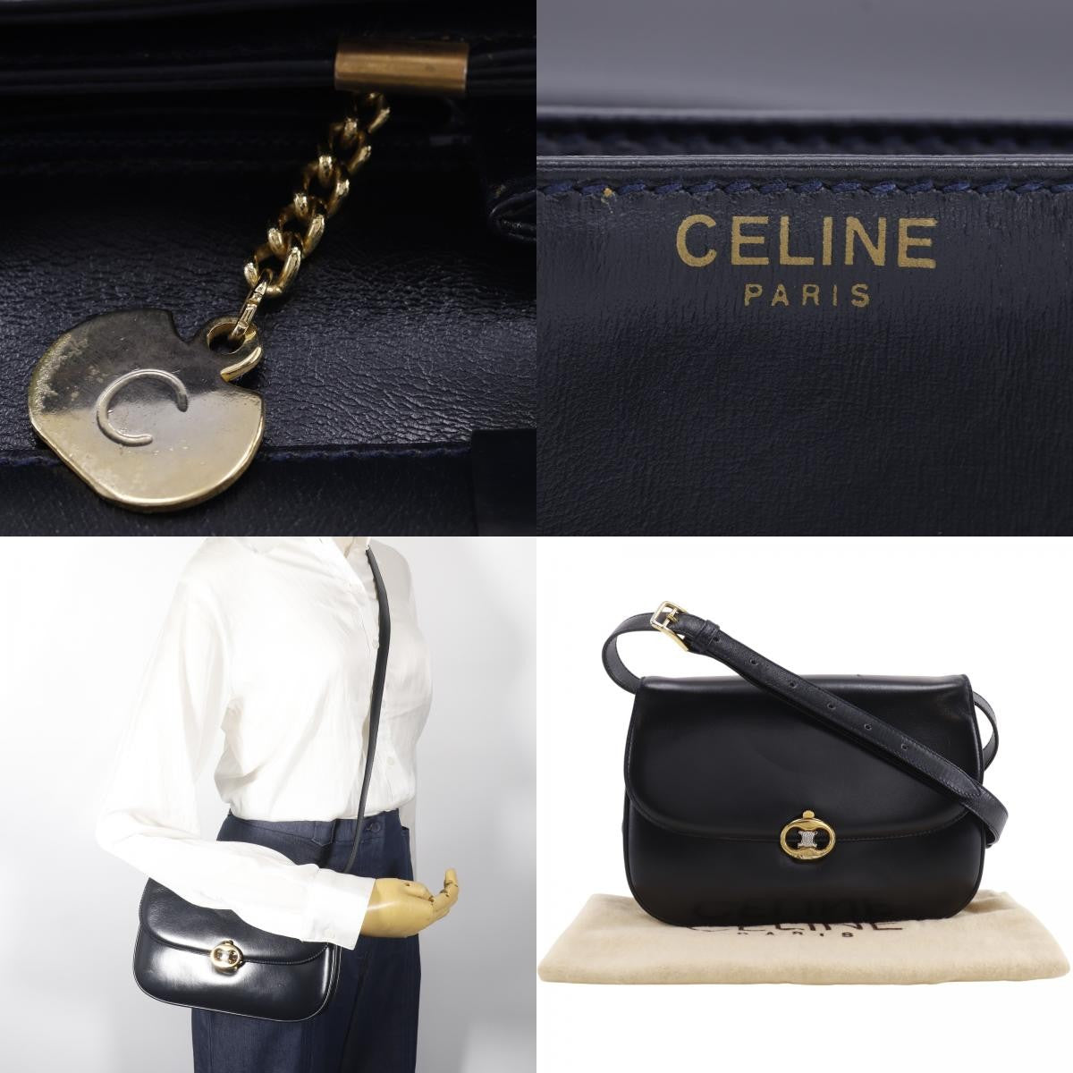 Celine Vintage Triomphe Flap Leather, Black, Calfskin, Shoulder Bag