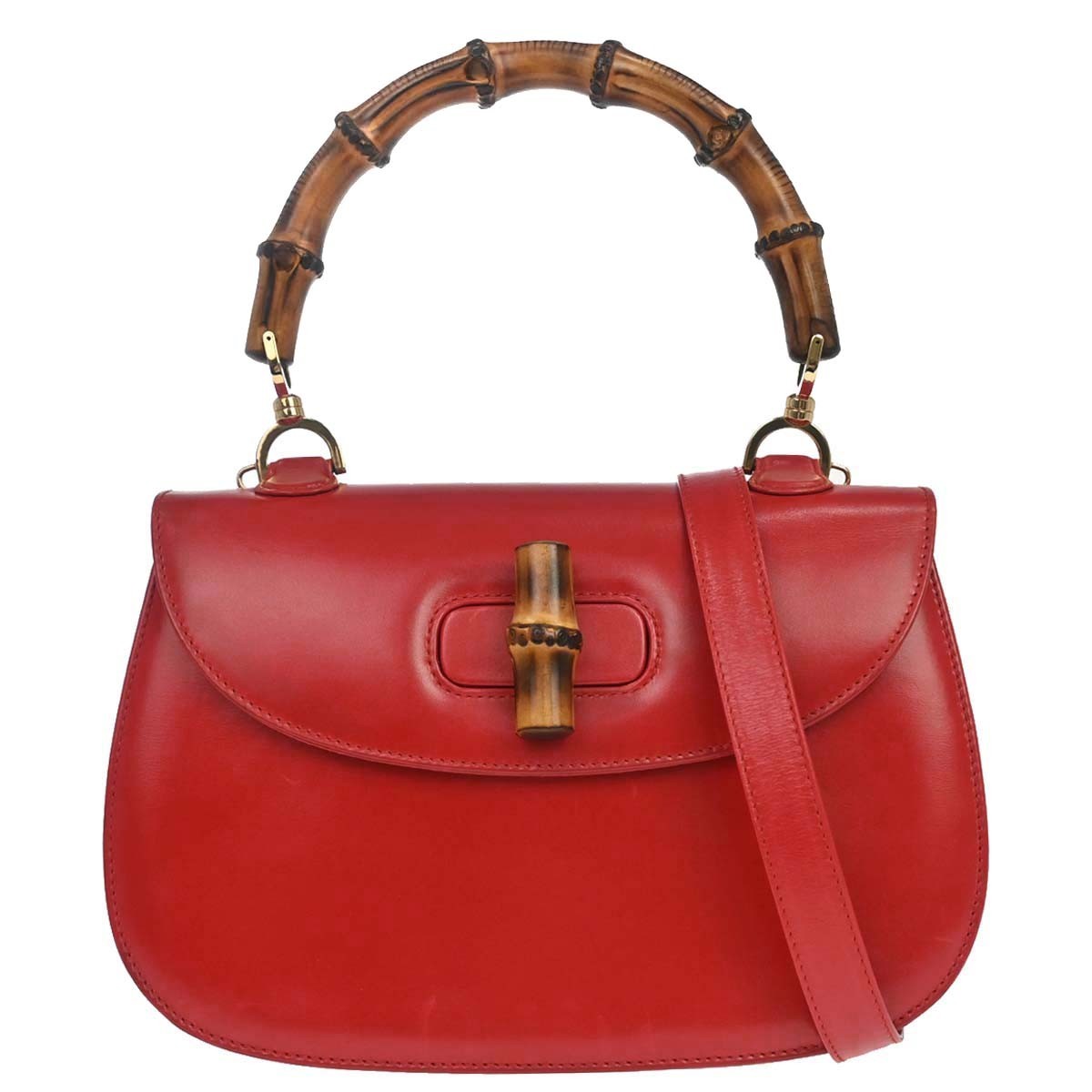 Gucci Vintage Convertible Bamboo Top Handle Leather, Red, Leather, Handbag