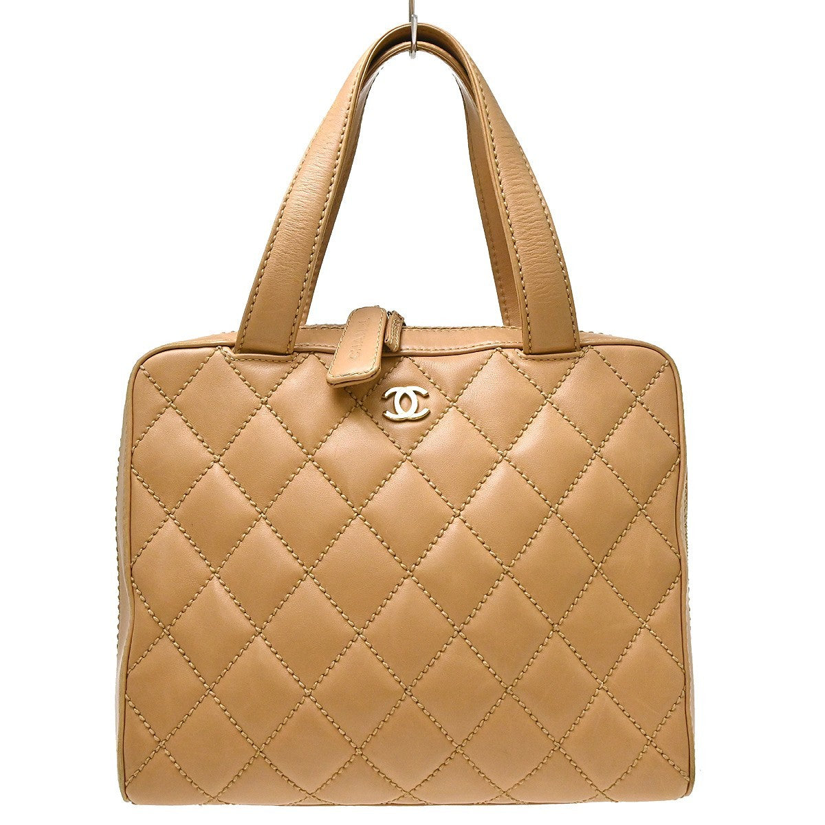 Chanel Surpique Zip Around Satchel Quilted Leather, Beige, Leather, Handbag