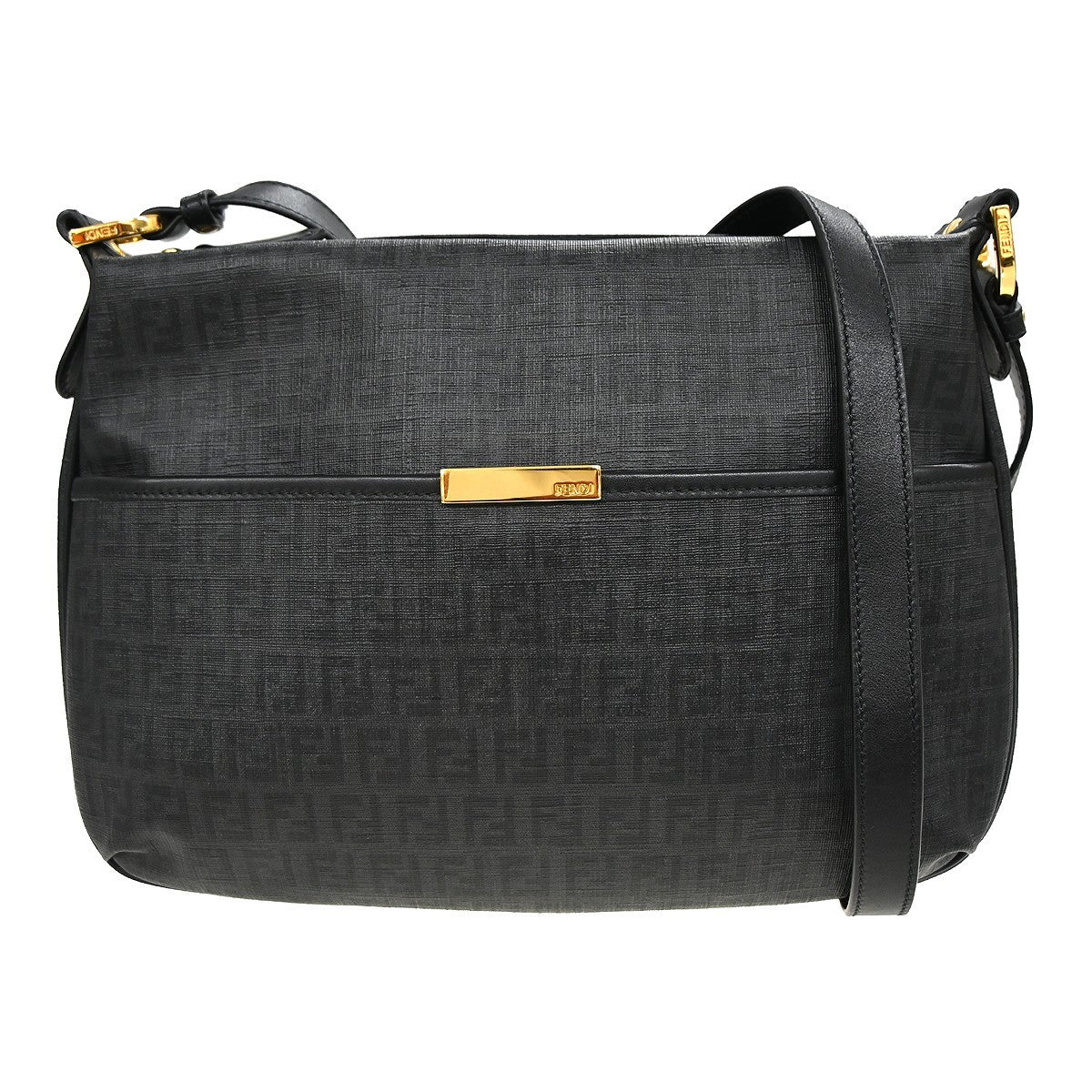 Fendi Front Pocket Messenger Zucchino Coated Canvas, Black, PVC, Shoulder Bag