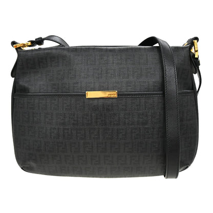 Fendi Front Pocket Messenger Zucchino Coated Canvas, Black, PVC, Shoulder Bag
