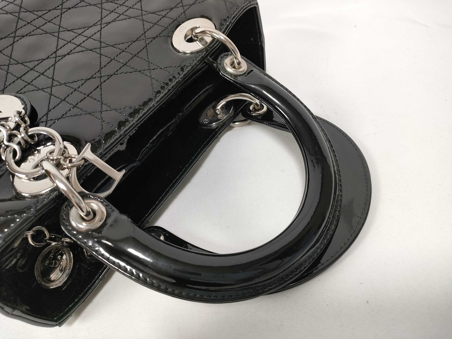 Christian Dior Lady Dior Patent, Black, Patent Leather, Handbag