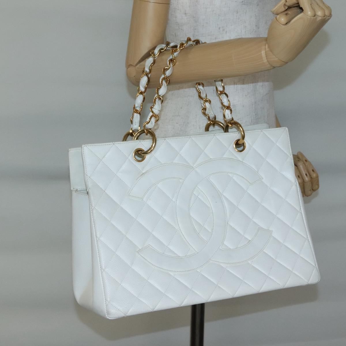 Chanel Vintage Grand Shopping Quilted Caviar, White, Leather, Tote Bag
