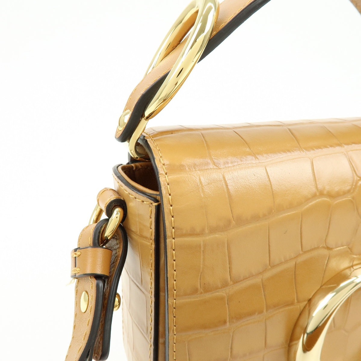 Chloe C Flap Crocodile Embossed Leather, Brown, Leather, Handbag
