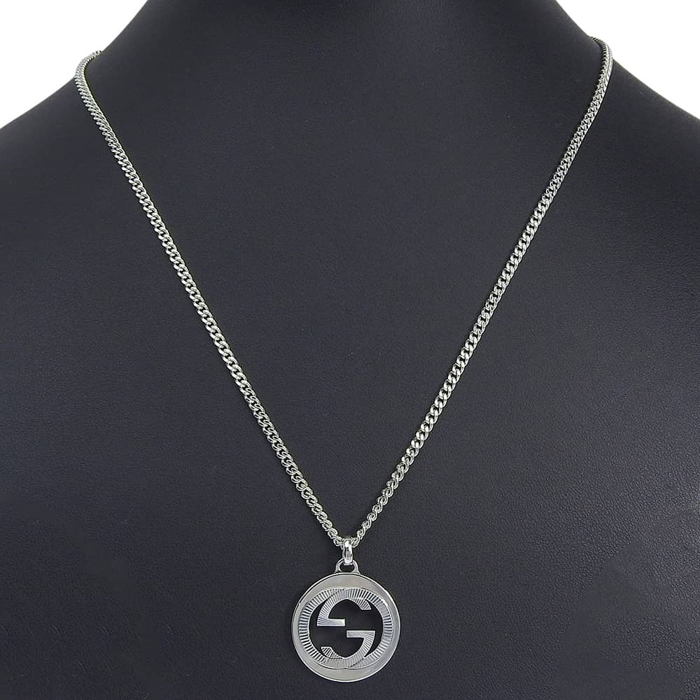 Gucci Engraved Interlocking G Chain Link Pendant Sterling Silver, Silver, Silver, Necklace