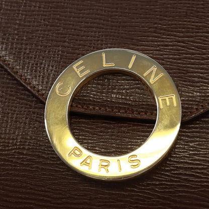 Celine Circle Logo Leather, Brown, Leather, Shoulder Bag