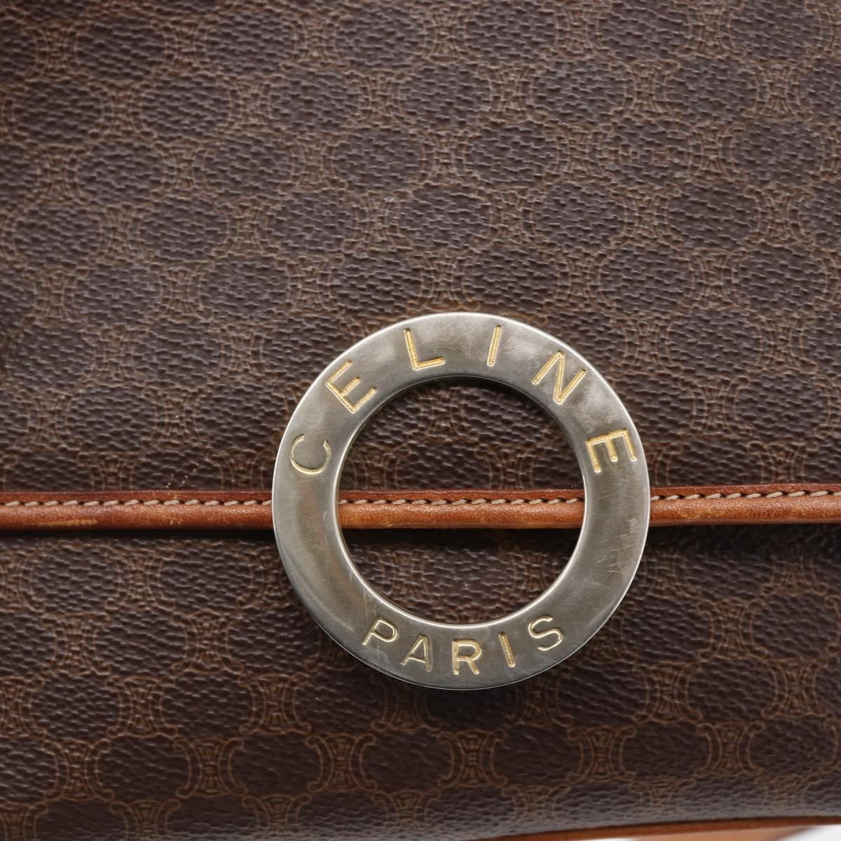 Celine Vintage Macadam Circle Logo Canvas and Leather, Brown, Canvas, Shoulder Bag