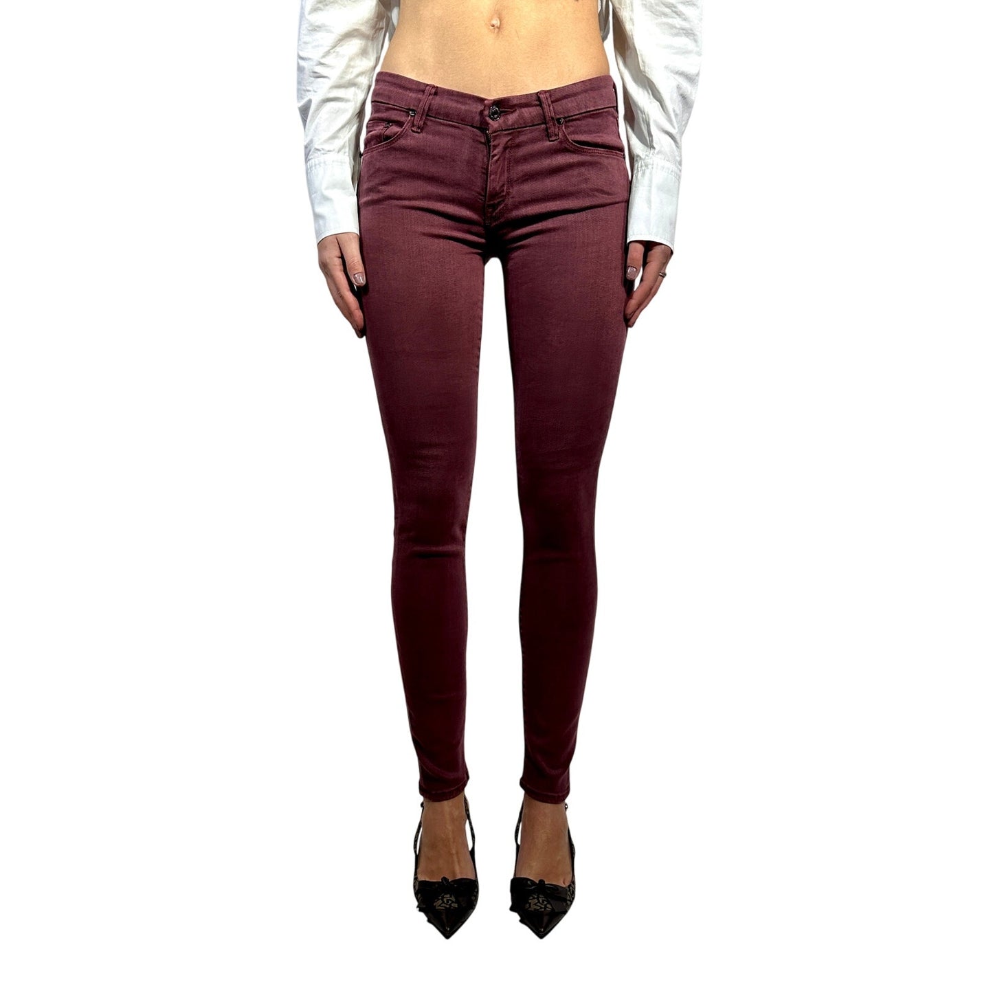 NWT MOTHER The Looker Skinny Jeans Low Rise Stretch Denim Burgundy Women's 26