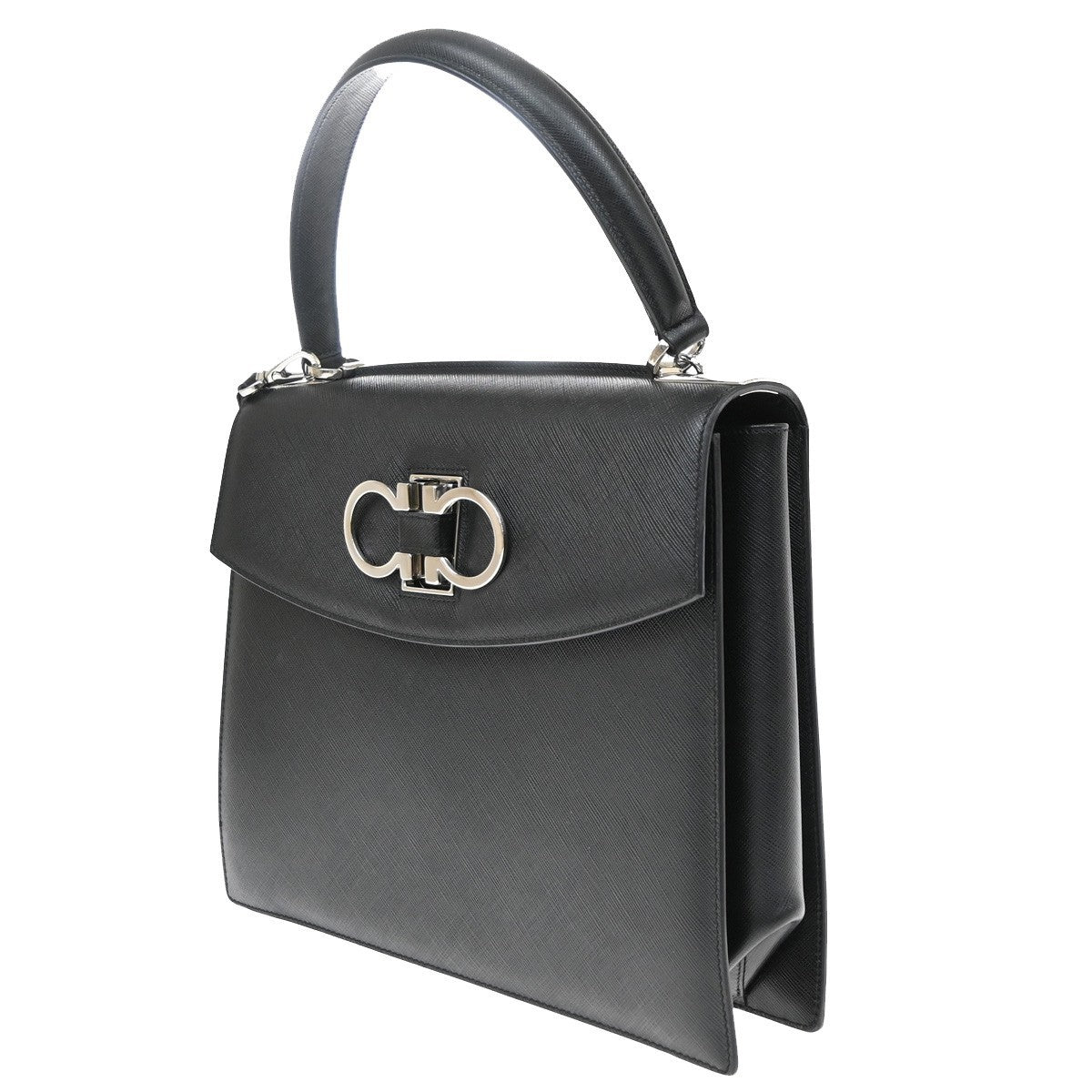 Salvatore Ferragamo Double Gancini Top Handle Saffiano Leather, Black, Leather, Handbag
