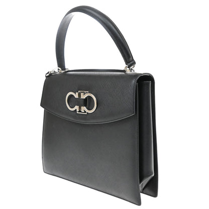 Salvatore Ferragamo Double Gancini Top Handle Saffiano Leather, Black, Leather, Handbag