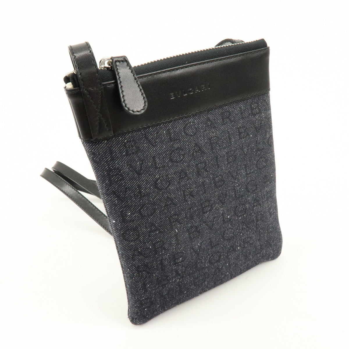 Bvlgari Logomania Canvas with Leather, Black, Denim, Shoulder Bag