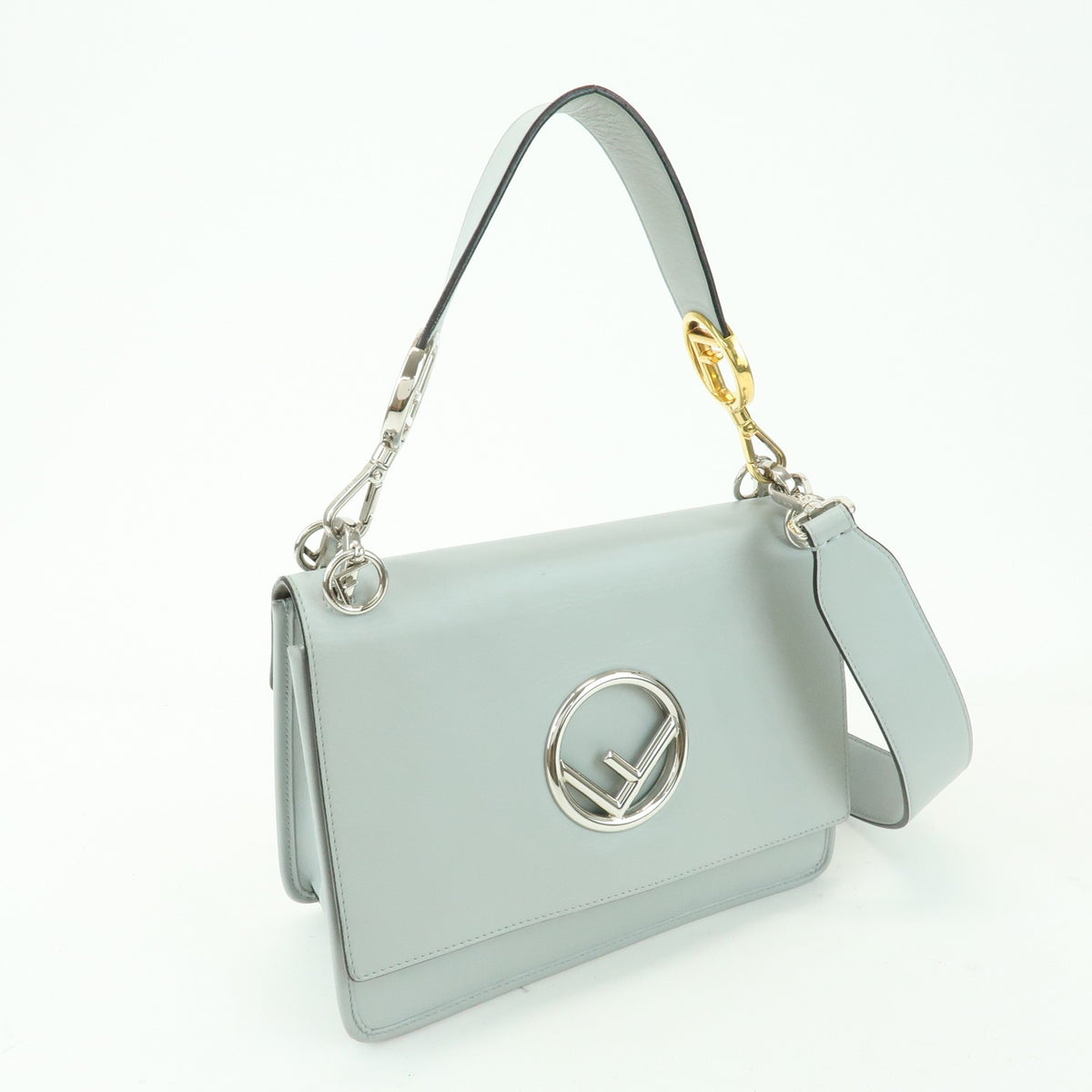 Fendi Kan I F Leather, Gray, Leather, Shoulder Bag