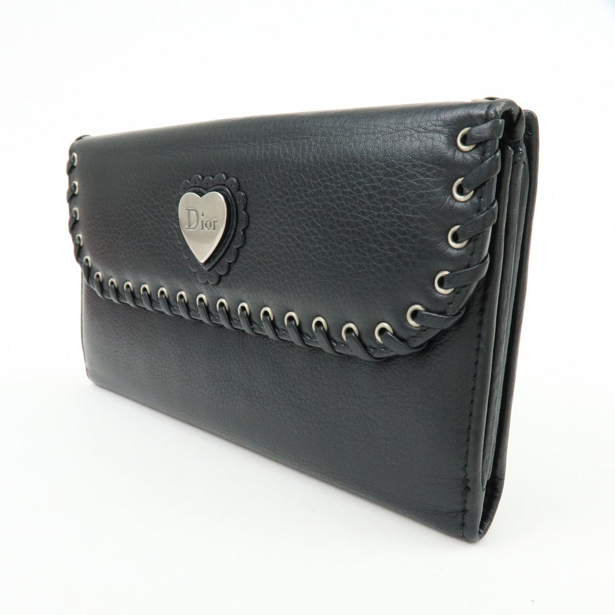 Christian Dior Trotter / Heart Motif Wallet Leather, Black, Leather, Wallet