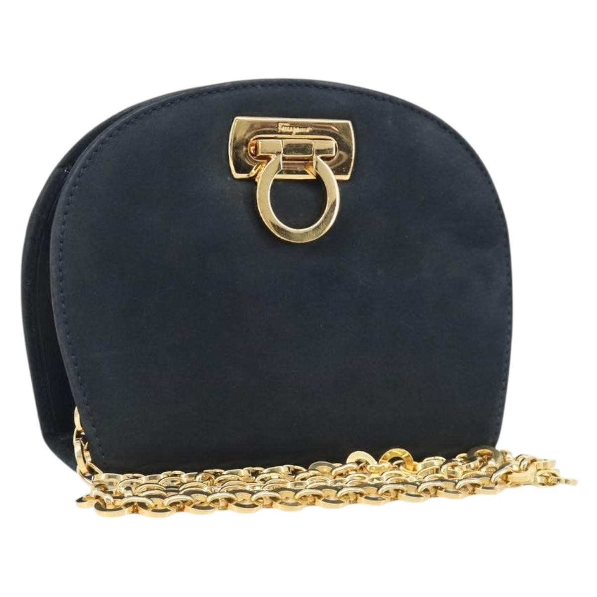 Salvatore Ferragamo Vintage Gancini Chain Suede, Black, Suede, Shoulder Bag
