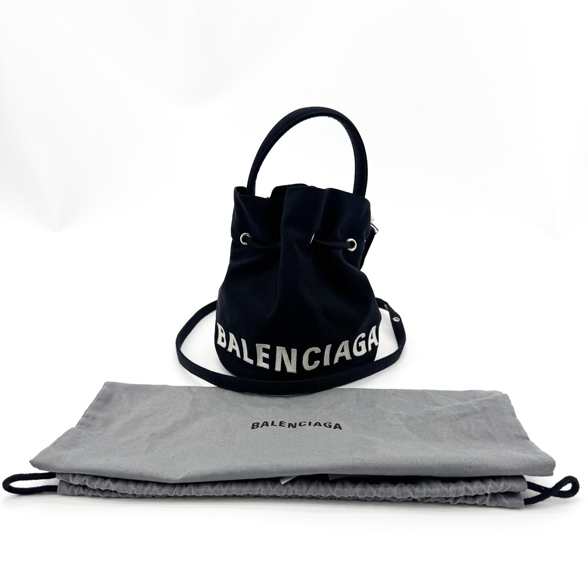 Balenciaga Wheel Drawstring Bucket Nylon, Black, Canvas, Handbag