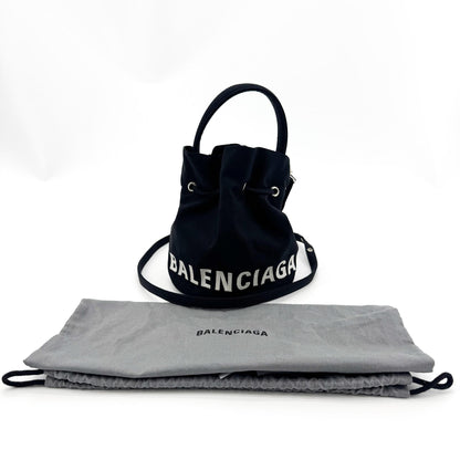 Balenciaga Wheel Drawstring Bucket Nylon, Black, Canvas, Handbag