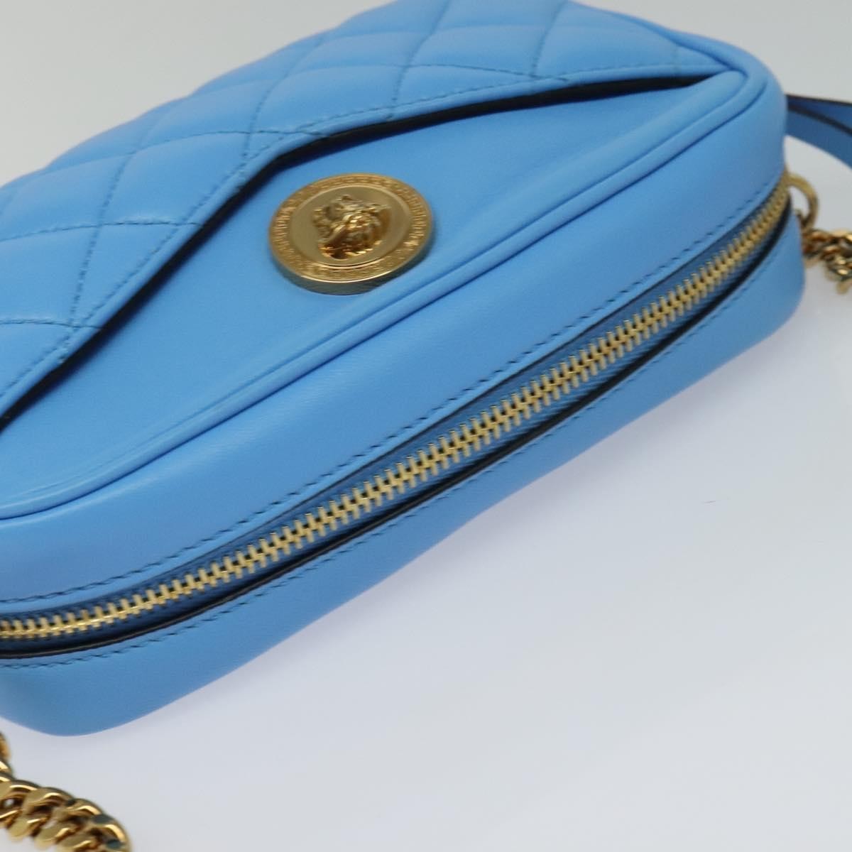Versace Medusa Icon Front Slip Pocket Camera Quilted Leather, Blue, Leather, Shoulder Bag