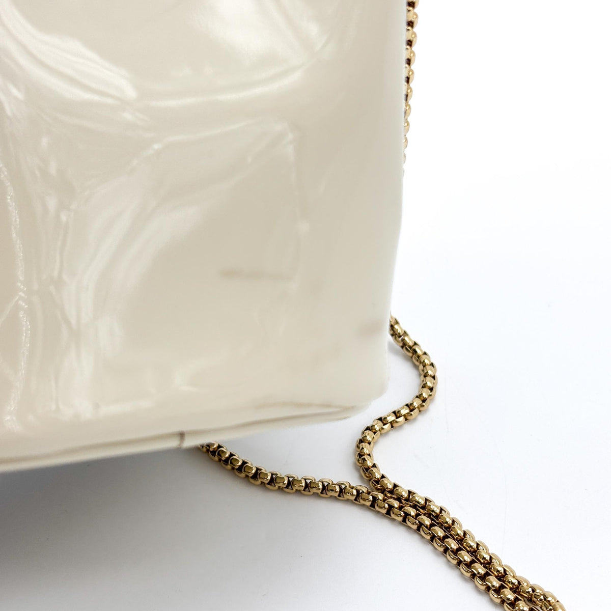 Prada Triangle Logo Drawstring Pouch Bucket Patent, Beige, Patent Leather, Clutch