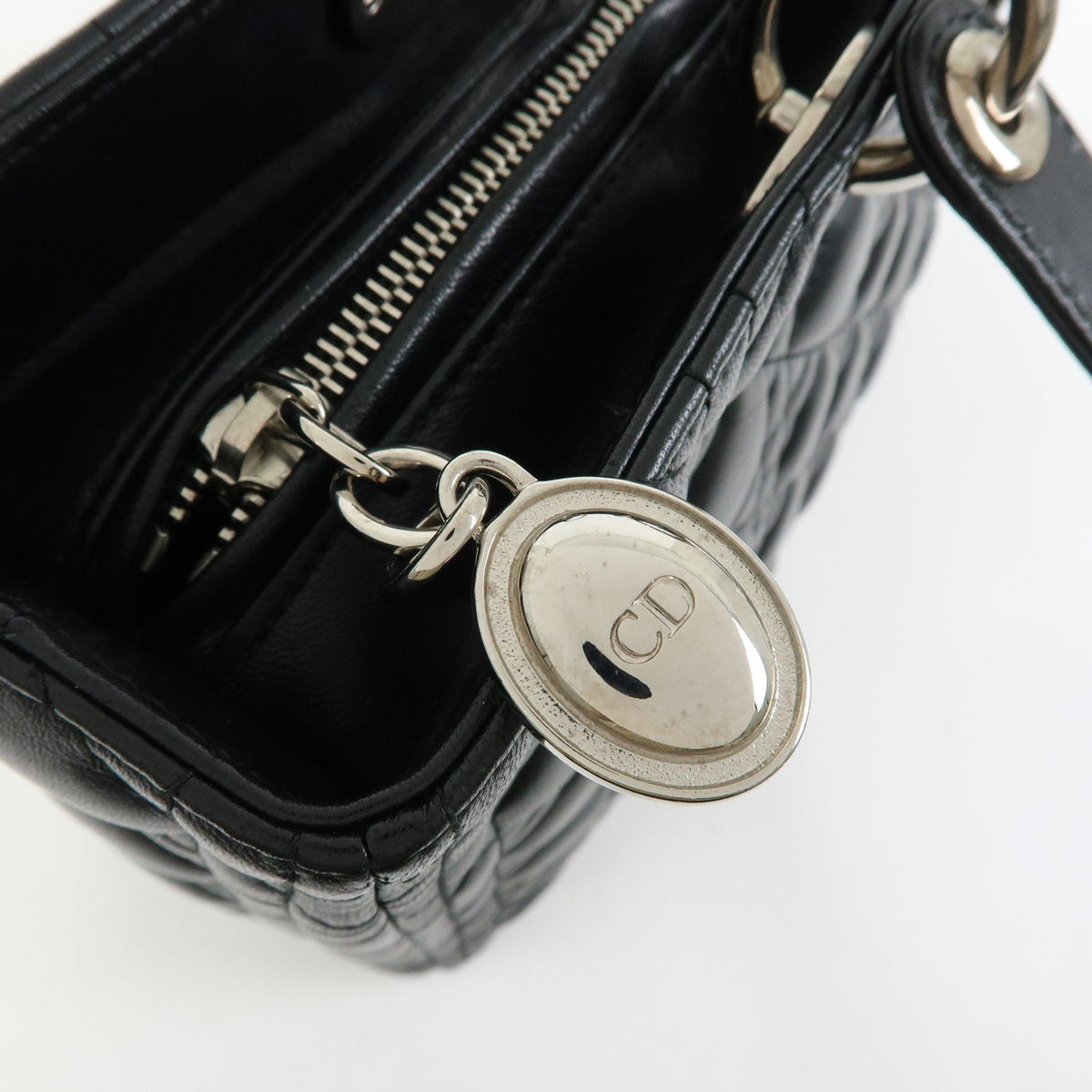 Christian Dior Lady Dior Cannage Quilt Lambskin, Black, Leather, Handbag