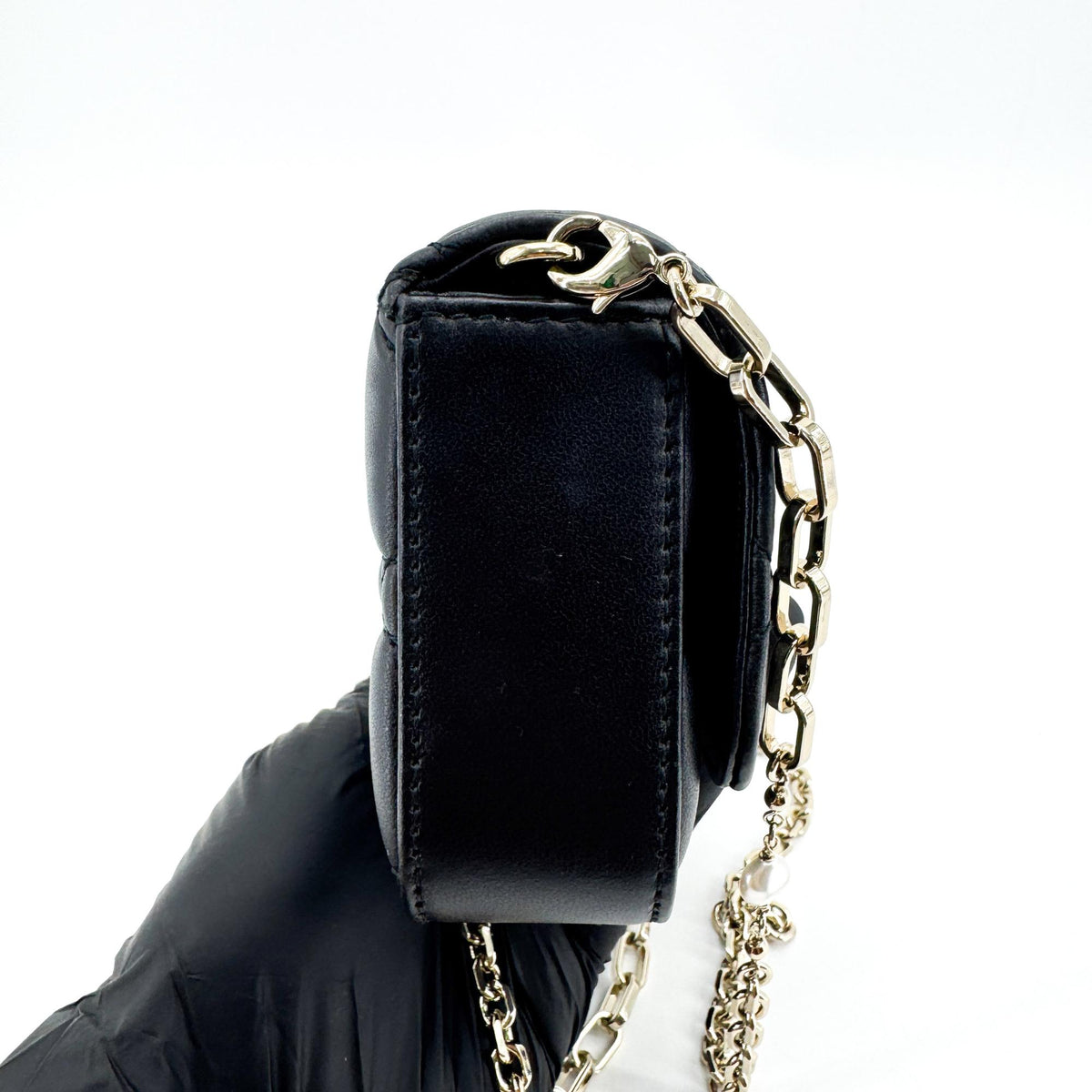 Christian Dior Lady Dior Chain Phone Cannage Quilt Lambskin, Black, Leather, Clutch