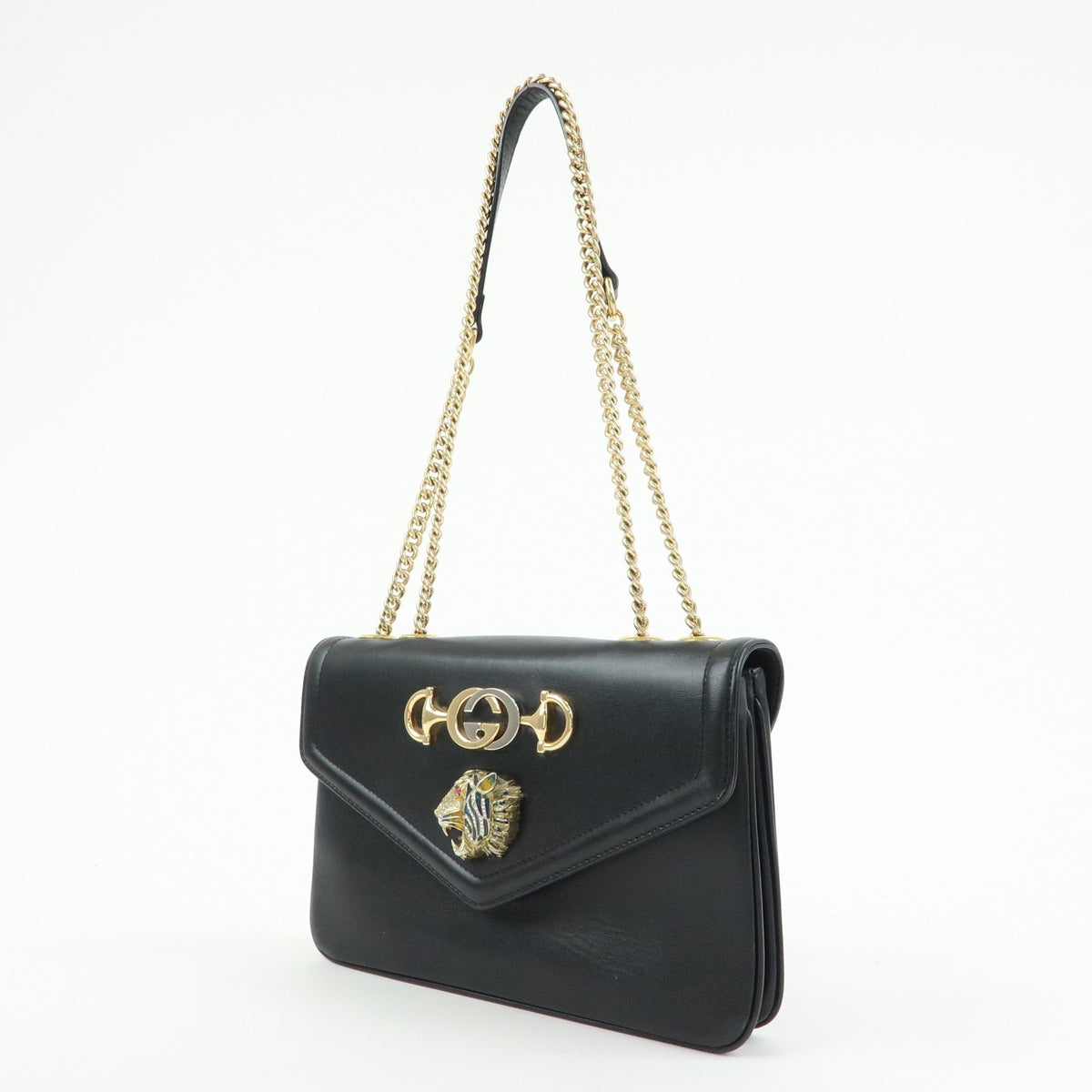 Gucci Rajah Chain Leather, Black, Leather, Tote Bag