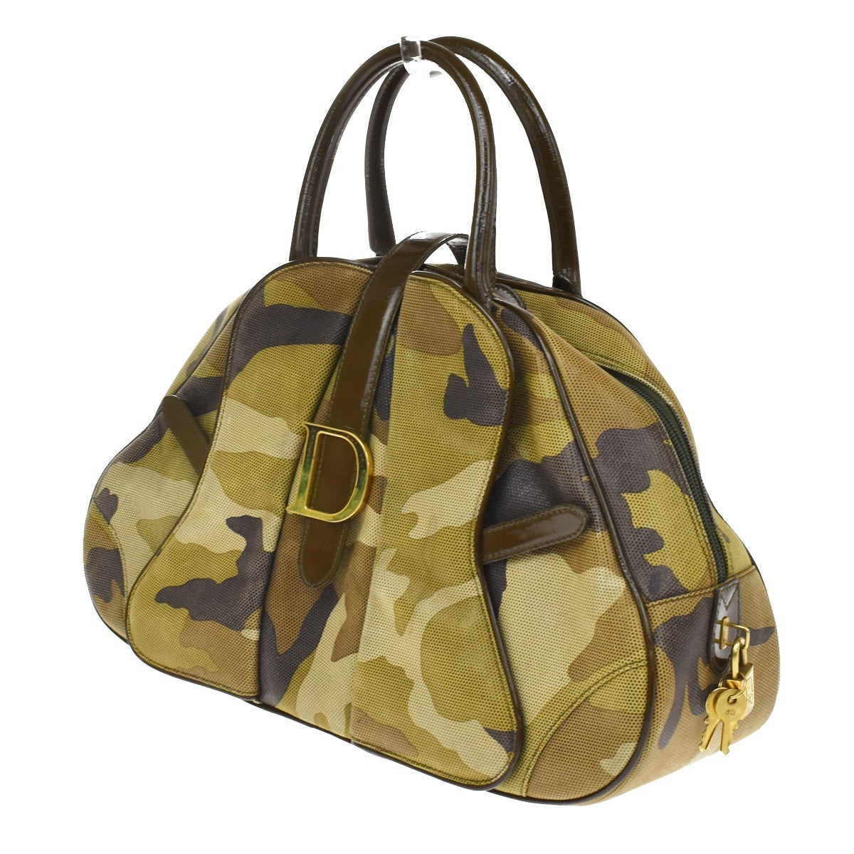 Christian Dior Vintage Saddle Bowler Camouflage Printed Pixelated Leather, Khaki, Canvas, Handbag