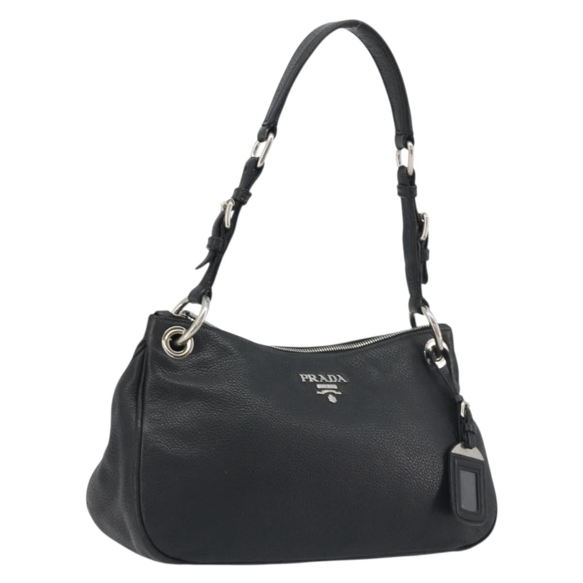 Prada Vitellino Mordo Hobo Leather, Black, Leather, Shoulder Bag