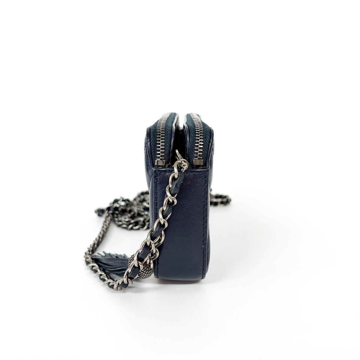 Chanel CC Double Zip Clutch with Chain Chevron Lambskin, Navy, Leather, Clutch