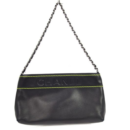 Chanel Lax Pochette Leather, Black, Leather, Clutch