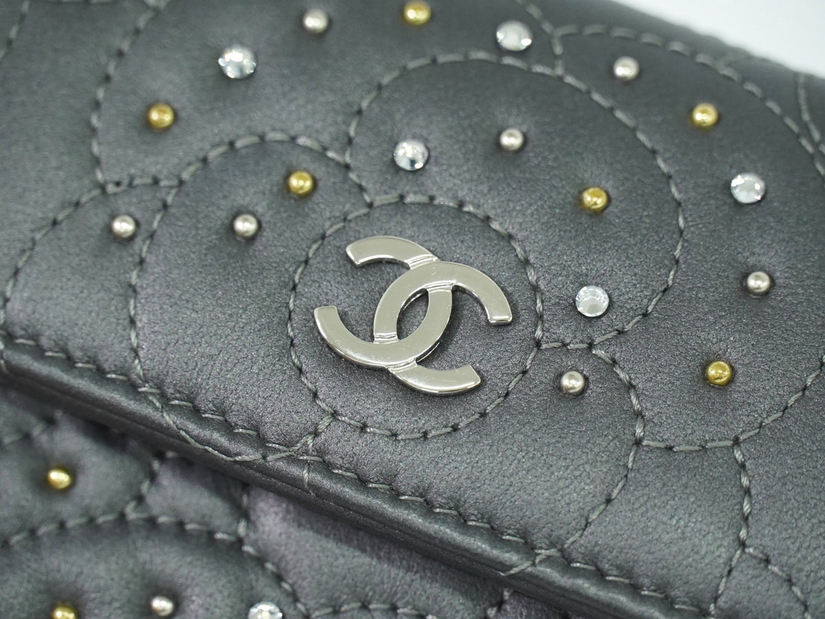 Chanel Camellia Flap Studded Camellia Lambskin, Gray, Leather, Wallet