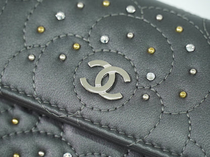 Chanel Camellia Flap Studded Camellia Lambskin, Gray, Leather, Wallet