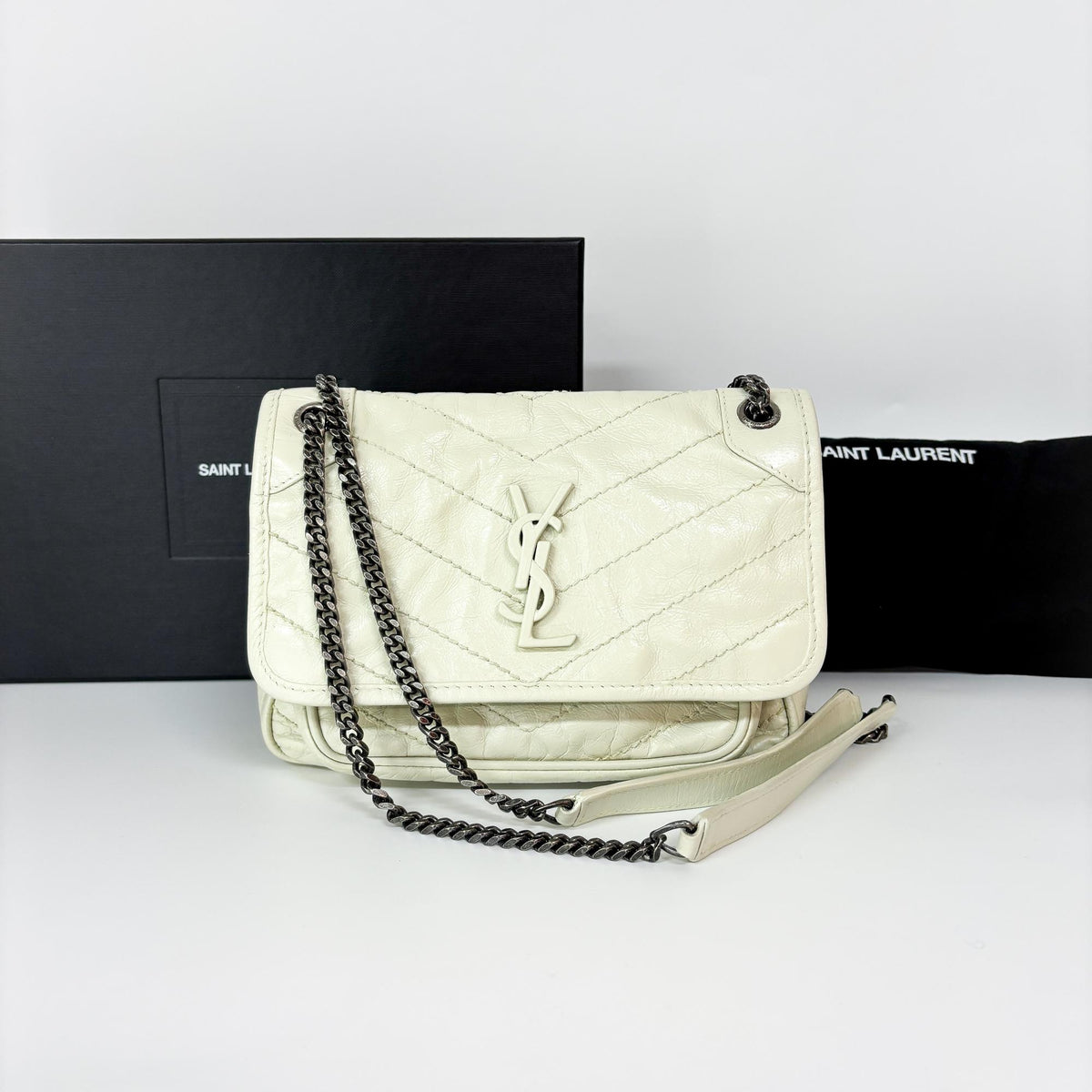Saint Laurent Niki Flap Leather, White, Leather, Shoulder Bag