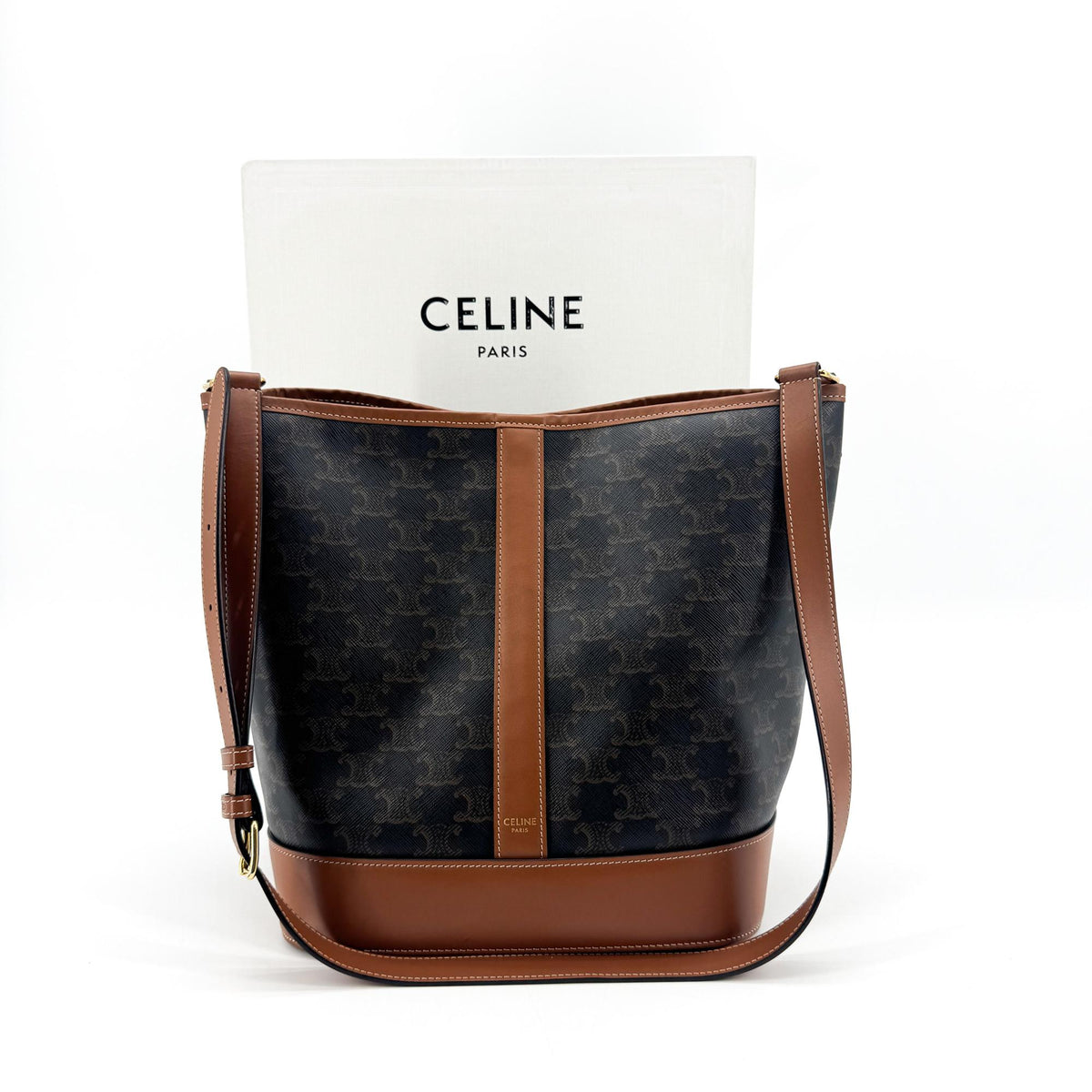 Celine Bucket Triomphe Coated Canvas, Brown, Canvas, Shoulder Bag