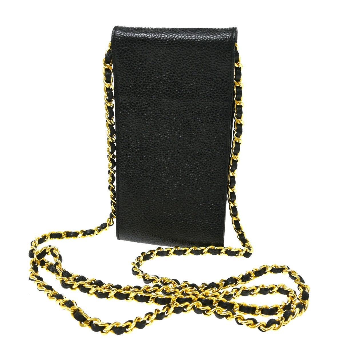 Chanel Vintage CC Phone Holder Caviar, Black, Leather, Clutch