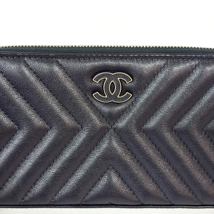 Chanel CC Double Zip Clutch with Chain Chevron Lambskin, Navy, Leather, Clutch