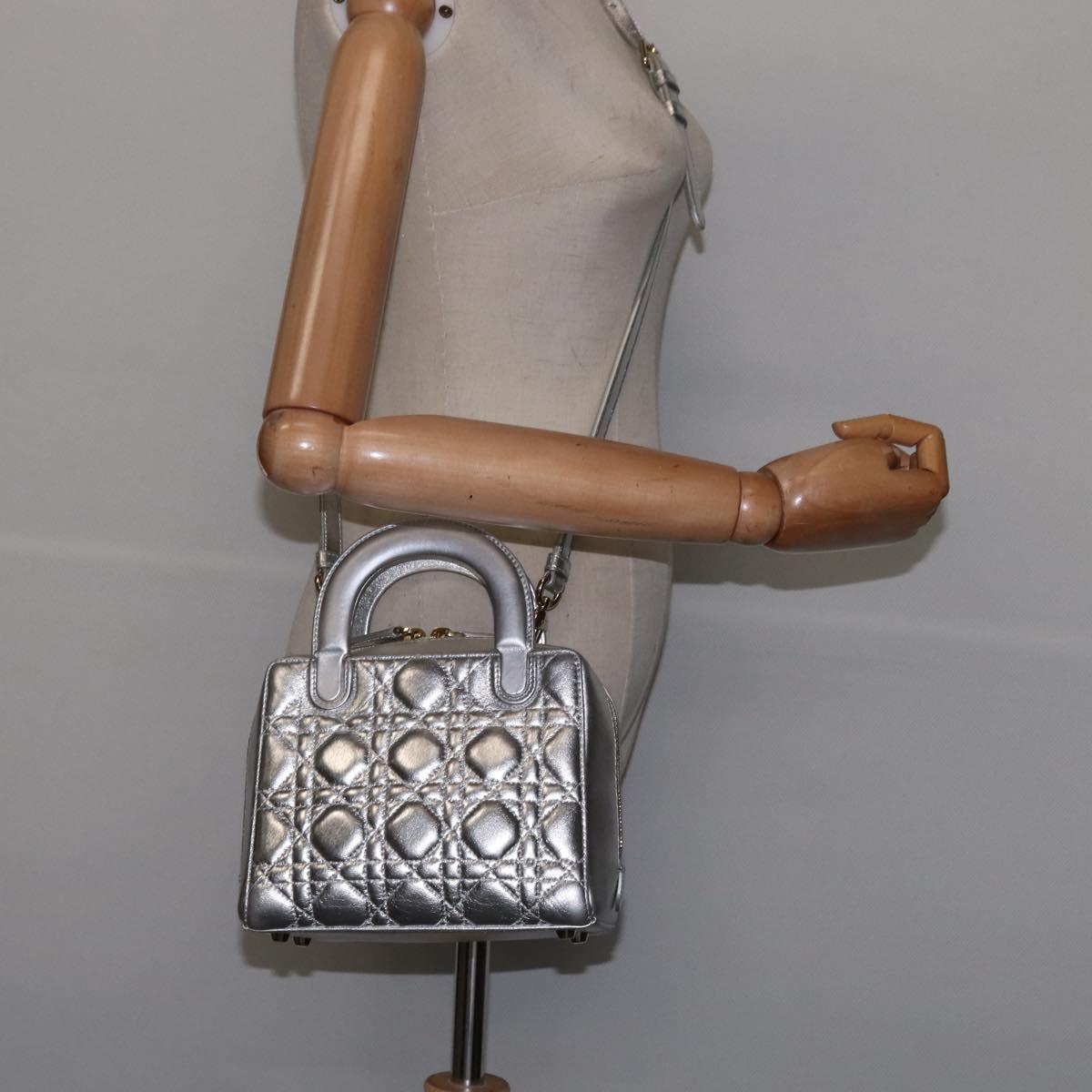 Christian Dior Cannage Granville Mini Bowling Bag Metallic Leather, Silver, Leather, Crossbody Bag