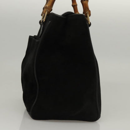 Gucci Vintage Bamboo Front Pocket Tote Suede, Black, Suede, Handbag
