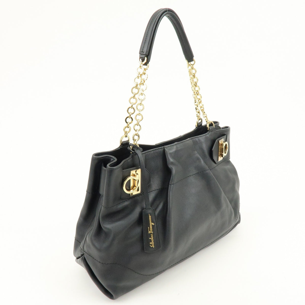 Salvatore Ferragamo W Chain Leather, Black, Leather, Tote Bag