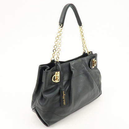 Salvatore Ferragamo W Chain Leather, Black, Leather, Tote Bag