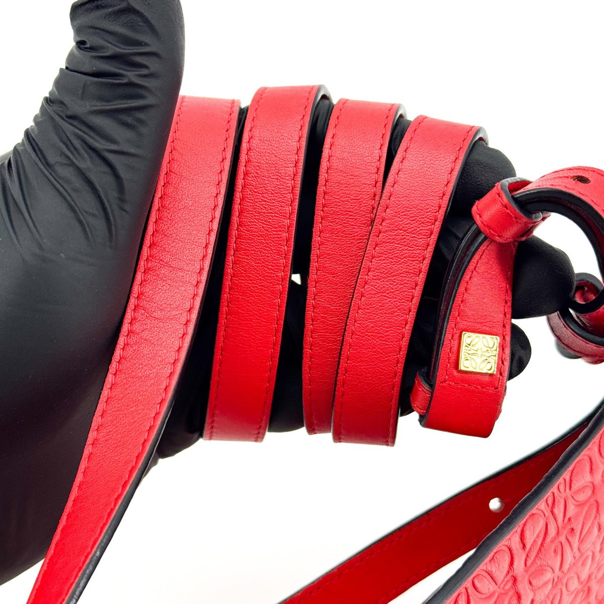 Loewe T Messenger Anagram Embossed Leather, Red, Calfskin, Crossbody Bag