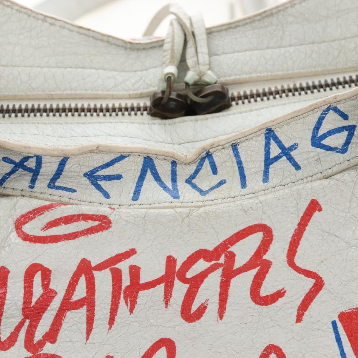Balenciaga City Graffiti Classic Studs Leather, White, Leather, Handbag